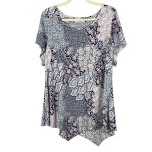 Star Vixen Blue Pink Paisley Floral Short Sleeve Handkerchief Hem Draped 3X Top